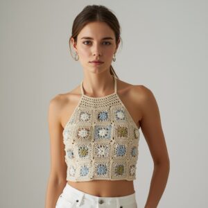 Home boho crochet halter crop top pattern – granny square summer top (digital download)